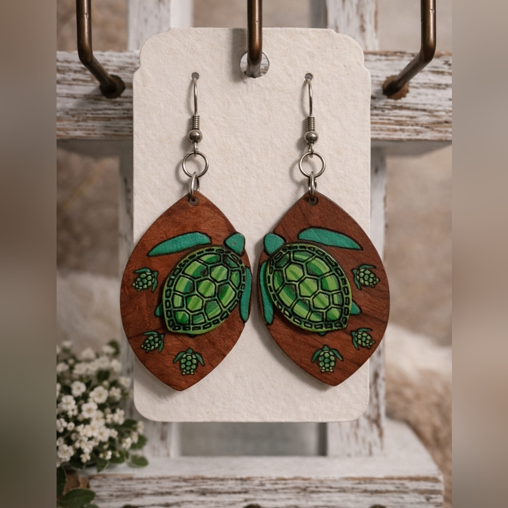 Handcrafted Sea Turtle Wooden Dangle Earrings Nature Coastal Boho Animal Jewelry